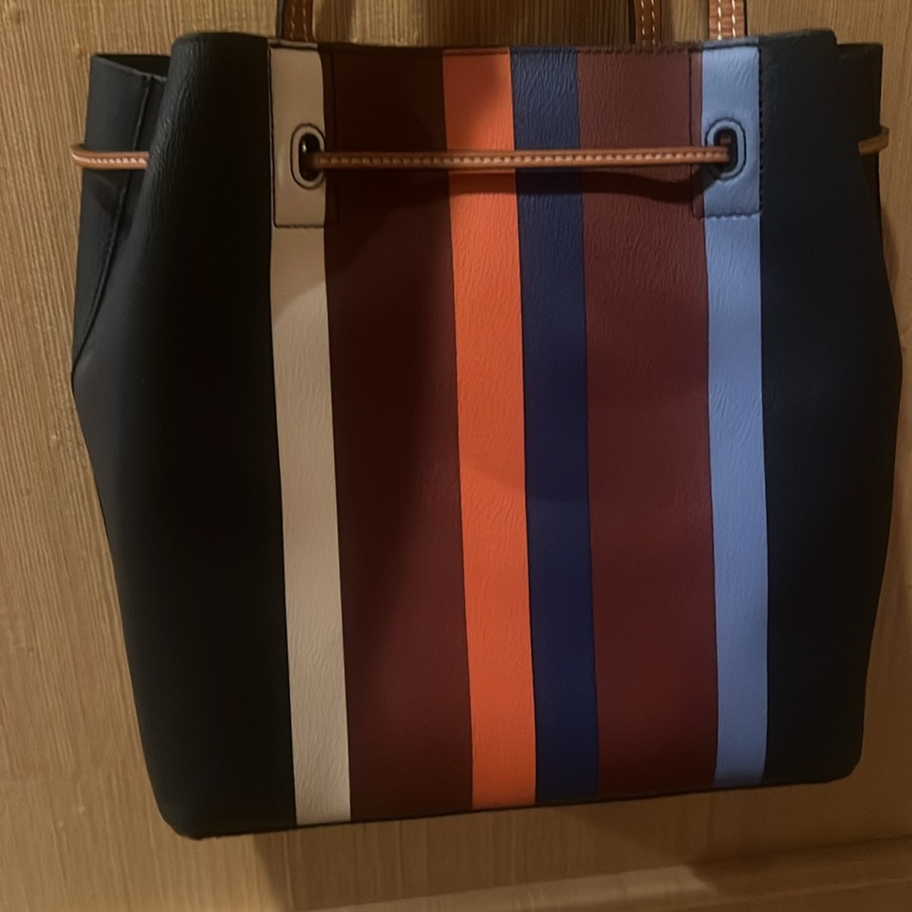 TORY BURCH 
Blue , multicolor stripe leather Kerrington bucket bag /gold-tone - Picture 14 of 17